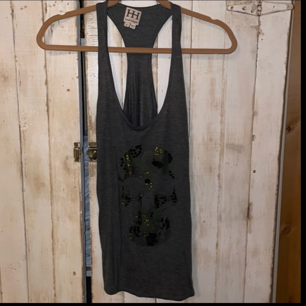 HAUTE HIPPIE camo skull racerback tank top